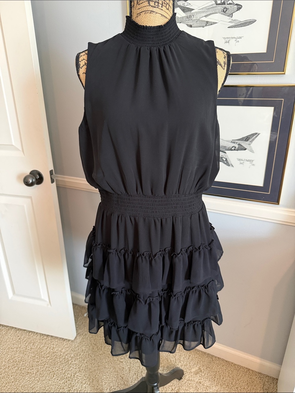 1. State Black High-Neck Ruffle Tiered Mini Dress